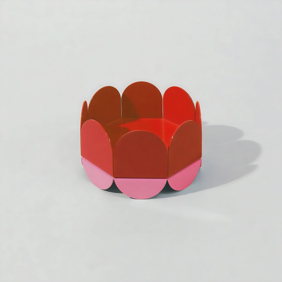 Video of ISUWA Red Wave Serving Bowl – small handmade powder-coated metal bowl with sculptural wave edges in red and pink, minimalist design on a white background.