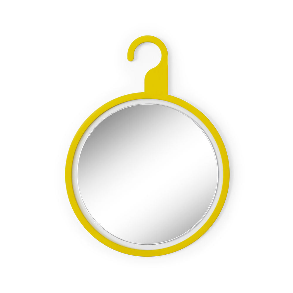 A small round mirror with a bold yellow frame and graphic hook design – vibrant, modern and perfect for wall collages.
