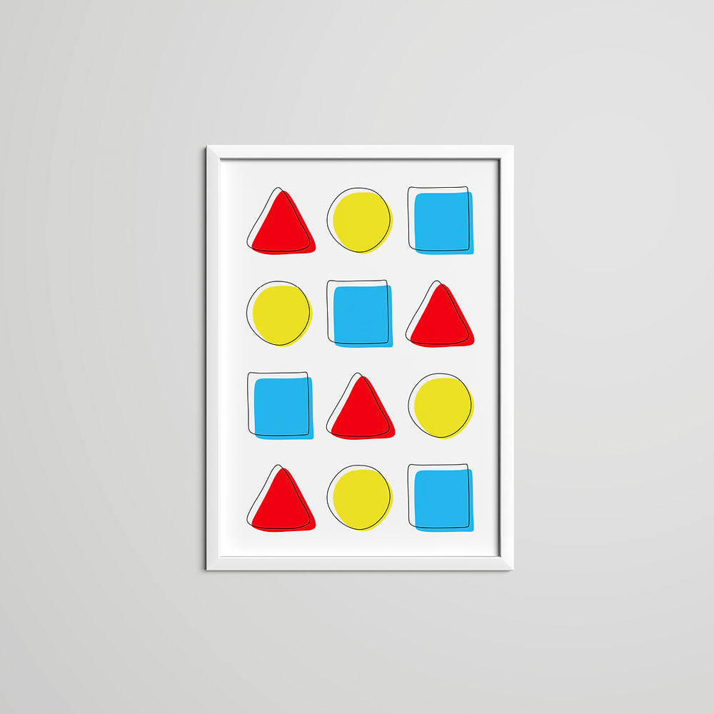 A colorful art print featuring a grid of geometric shapes – red triangles, yellow circles and blue squares – arranged in a playful Bauhaus-inspired layout.
