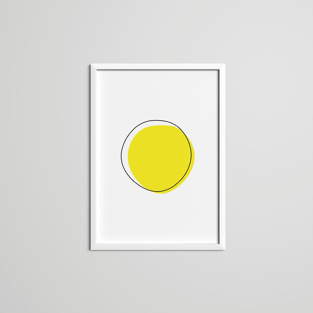 Minimal yellow circle art print with black outline in Bauhaus style, framed on white background.
