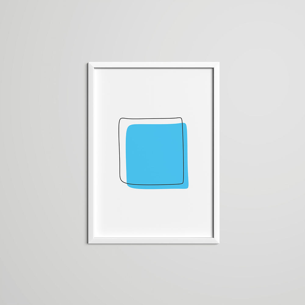 Blue square Bauhaus art print with hand-drawn black outline on a white background.
