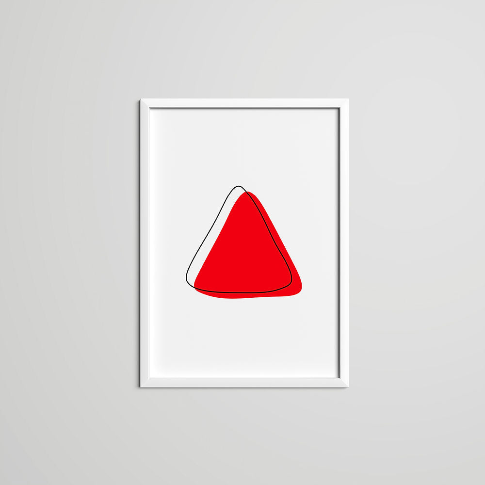 Bauhaus Triangle Art Print – Red: Minimalist geometric poster featuring a bold red triangle with layered outlines, displayed in a white frame on a clean background.
