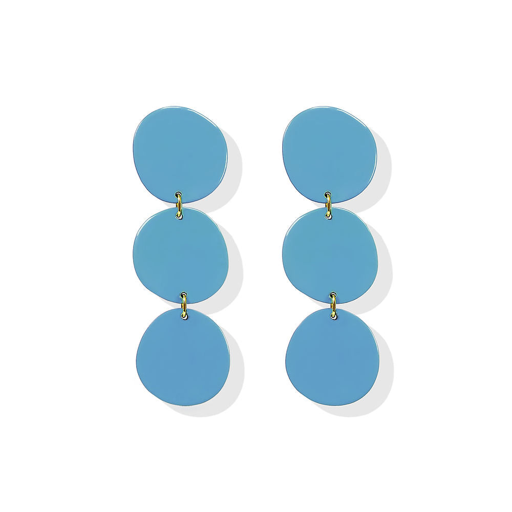 Pair of blue blob-shaped earrings featuring three linked round pieces in a vertical drop design, displayed on a white background.