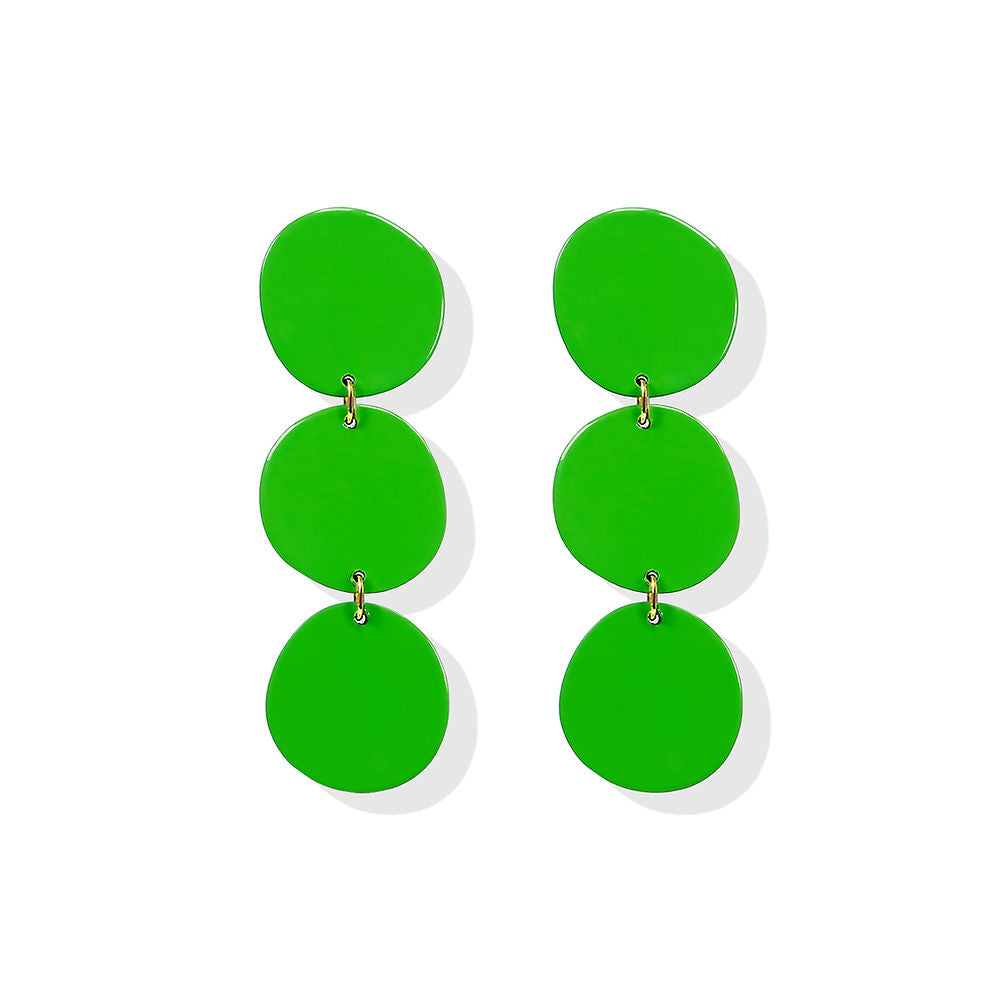 Pair of green blob-shaped earrings with three connected round forms in a vertical layout, displayed on a white background.
