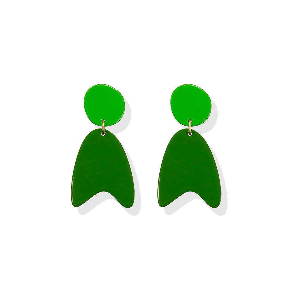 Green blob-shaped earrings with abstract curved forms and two-tone green finish, designed by ISUWA and photographed on a white background.
