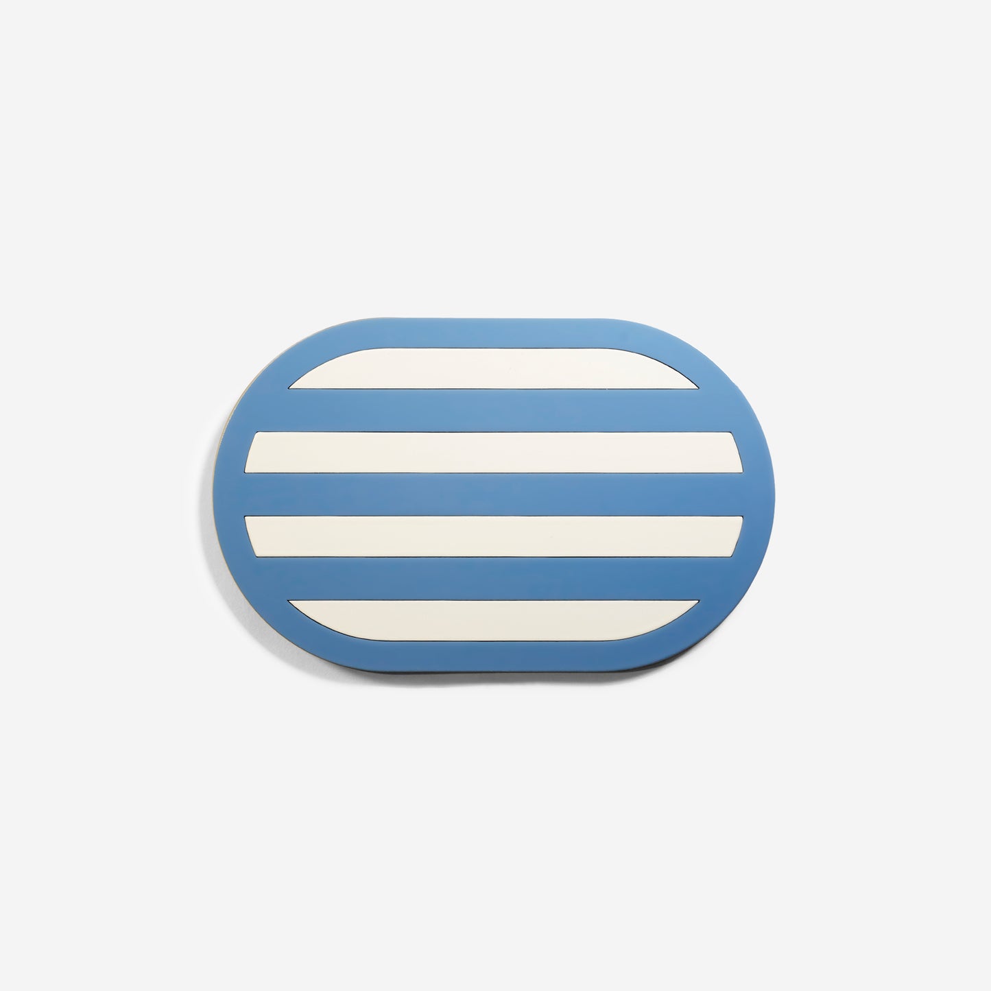 Premium blue oval metal coaster with striped design and glossy finish – handcrafted by ISUWA for minimalist and artistic table styling