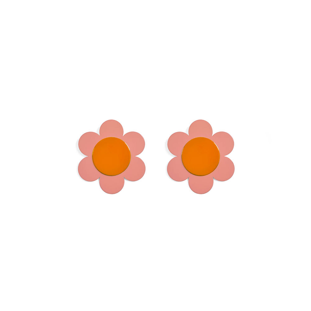 Pair of peach daisy-shaped earrings with orange centers and rounded petals, displayed on a white background.