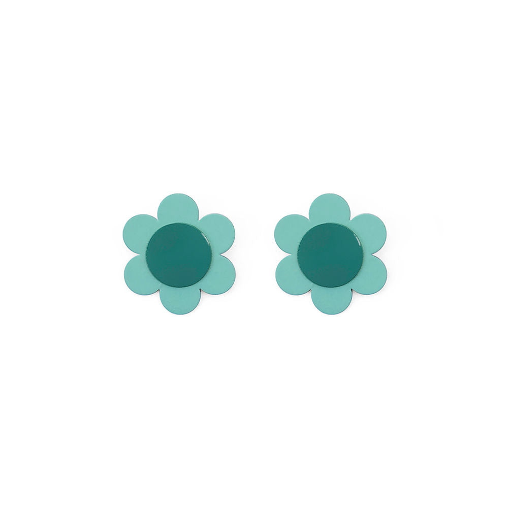 Pair of turquoise daisy-shaped earrings with soft rounded petals and dark center, displayed on a white background.

