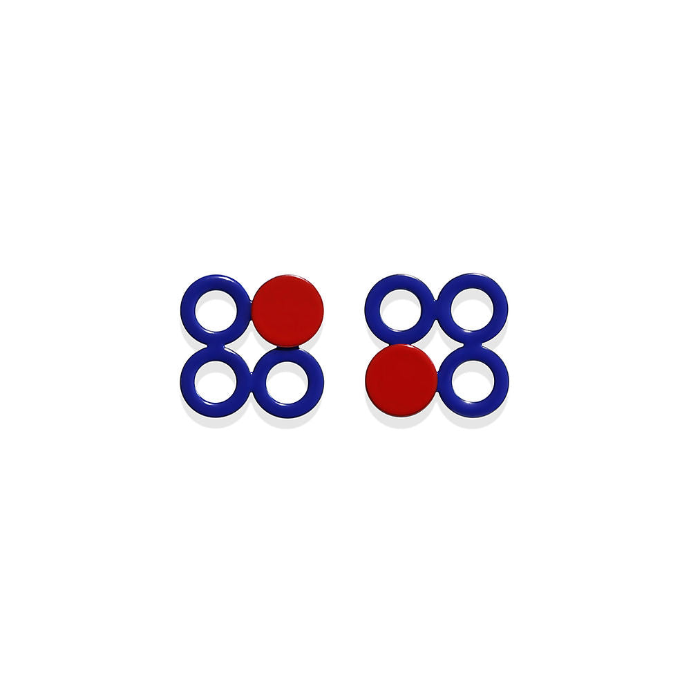 Pair of navy blue dot earrings with circular grid design and red accent circle, displayed on a white background.