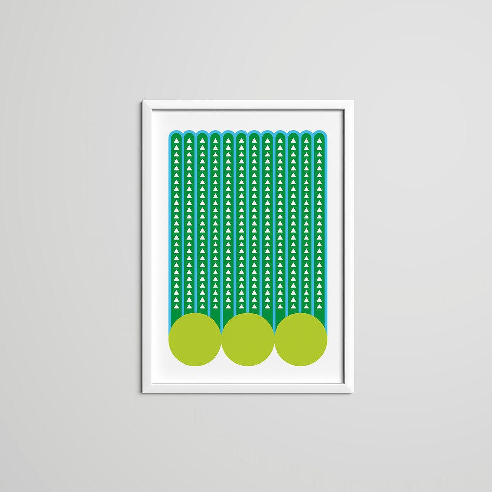 Graphic art print with vertical green lines and white triangle patterns ending in three bold green dots on a white background, framed in white.
