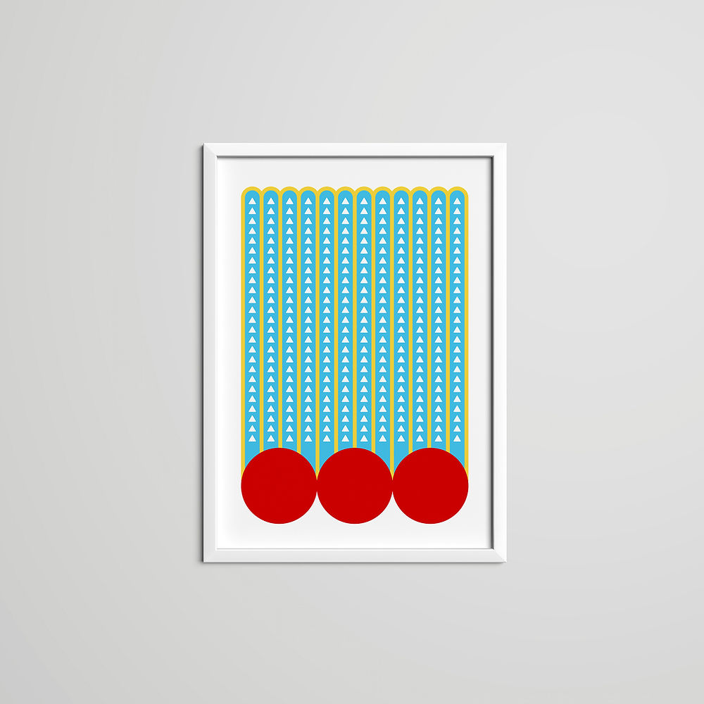 A blue and red geometric art print featuring vertical rows of turquoise triangles and bold red circles, framed in white. Modern and playful wall decor by ISUWA.
