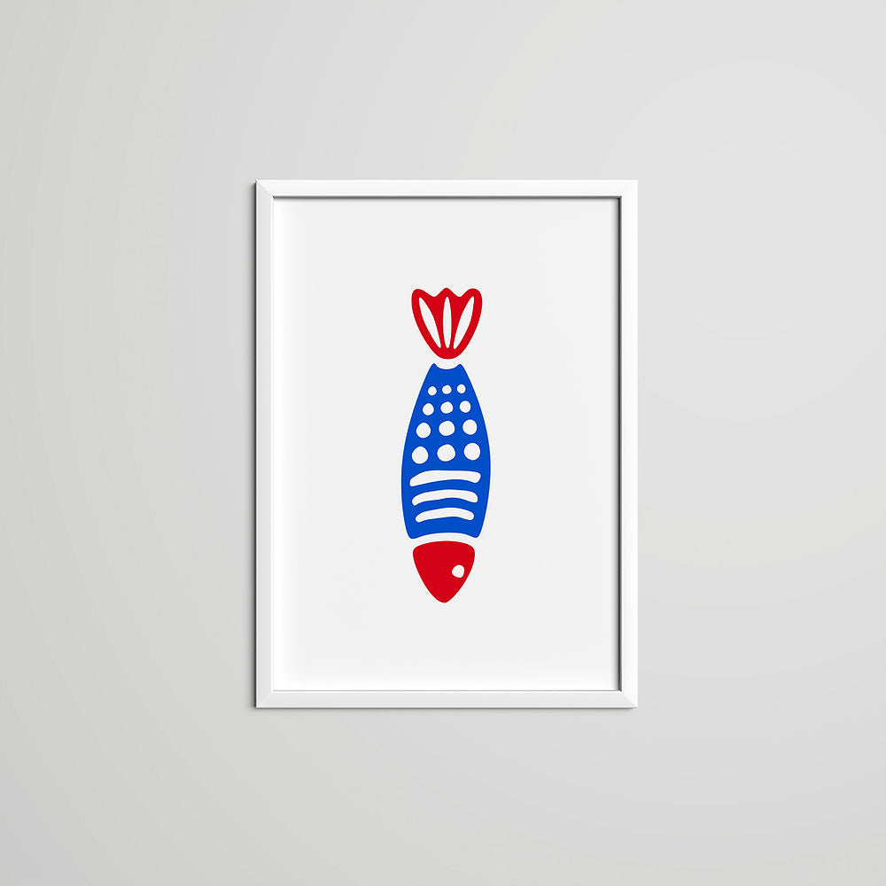 Framed Fish Art Print in navy blue and red with playful geometric design on a white background
