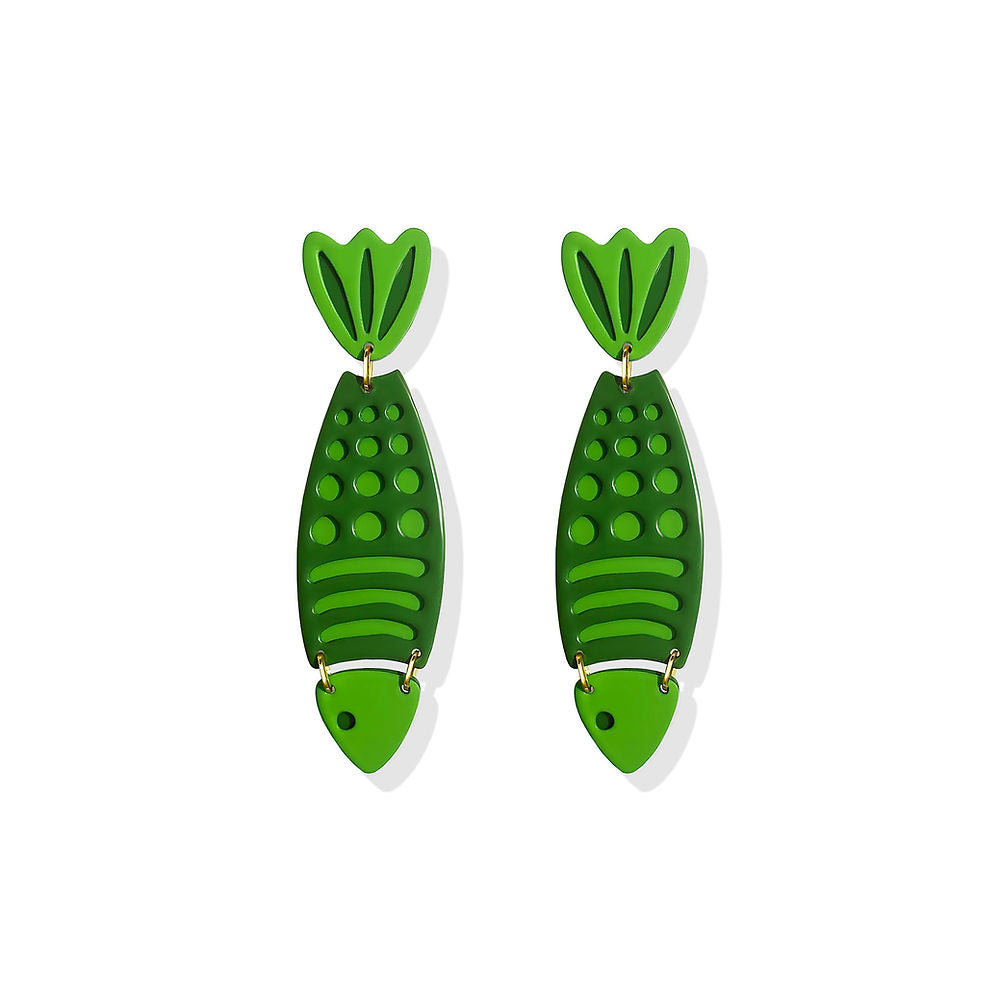Sculptural green fish-shaped earrings with layered details, designed by ISUWA and photographed on a gray background.
