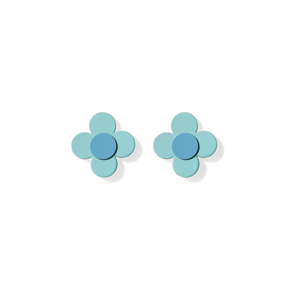Pair of mini flower earrings with rounded turquoise petals and soft blue centers, displayed on a white background.
