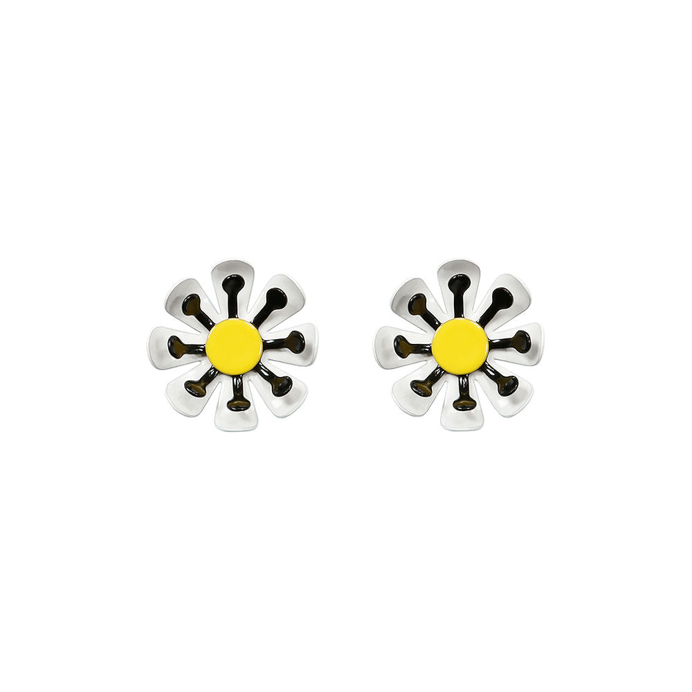 Pair of sculptural white flower earrings with yellow centers and curved petal shapes, displayed on a white background.