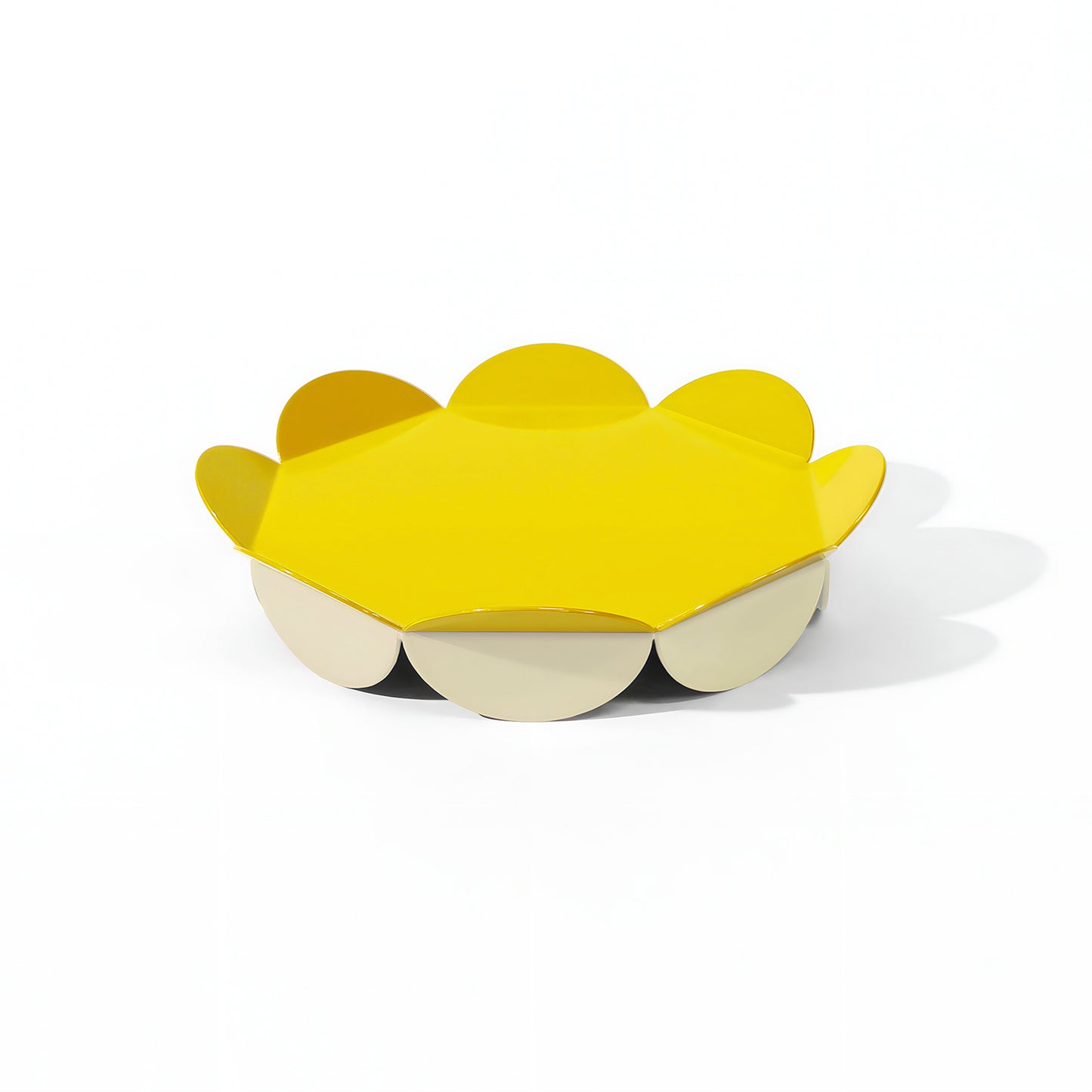 Medium yellow flower-shaped serving stand with petal-like edges and soft cream base – bright and sculptural centerpiece by ISUWA
