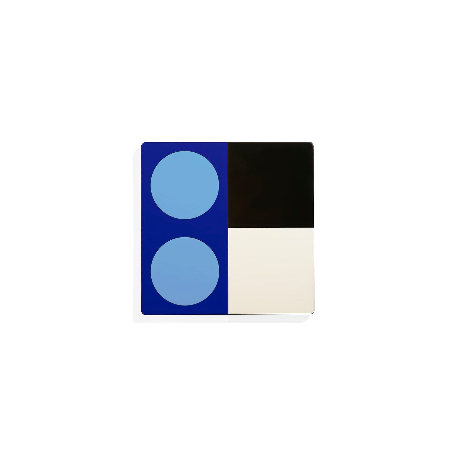 Navy geometric metal coaster with two blue circles and black-cream blocks – handmade by ISUWA