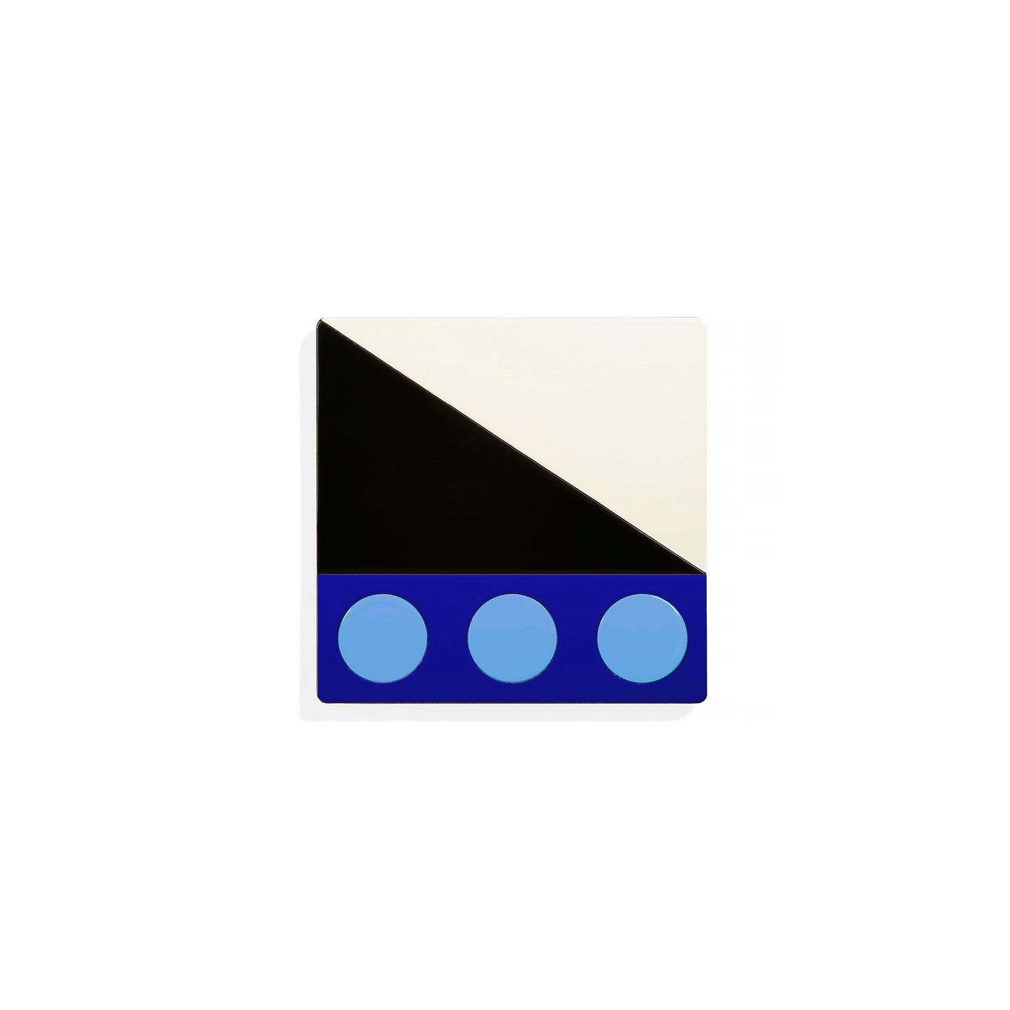 Blue square metal coaster with three sky blue circles and bold geometric angles – handcrafted by ISUWA for contemporary and artistic table styling