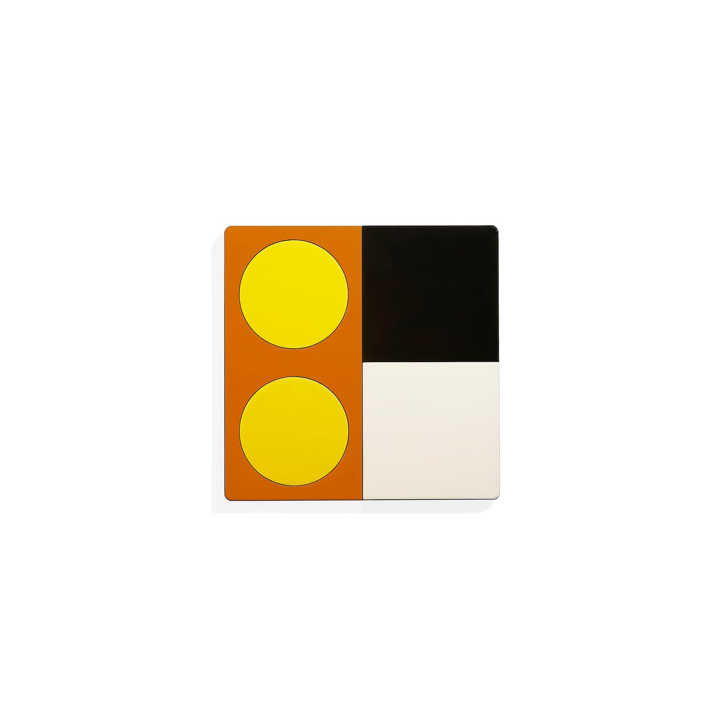 Orange square metal coaster with two yellow circles and bold color block pattern – handcrafted by ISUWA for playful and artistic table styling