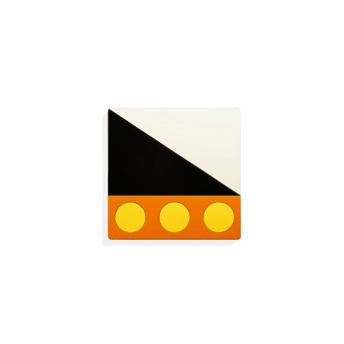 Orange square metal coaster with two yellow circles and diagonal black-cream color block – bold graphic design by ISUWA with a glossy finish