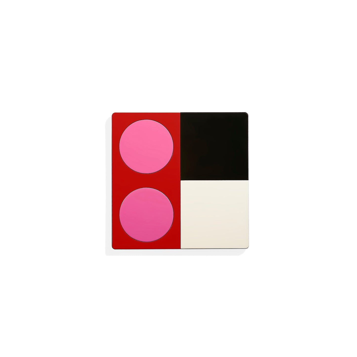 Red square metal coaster with two bold pink circles and color block pattern – handcrafted by ISUWA for expressive and artistic table styling