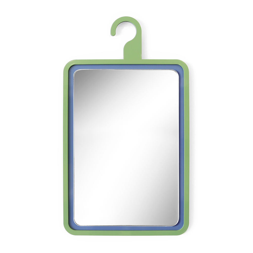 Green rectangular mirror with blue inner edge and hook-shaped top, made from powder coated metal and mirror glass by ISUWA
