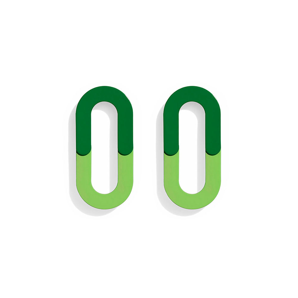Pair of modern loop earrings in dark and light green tones, oval-shaped and placed on white background.
