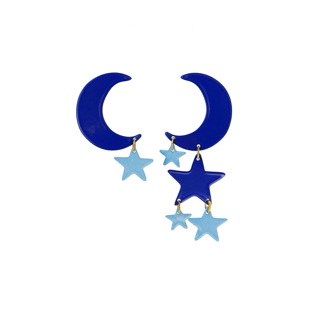 Pair of celestial earrings featuring dark blue crescent moons with dangling light blue and navy star charms, displayed on a white background.
