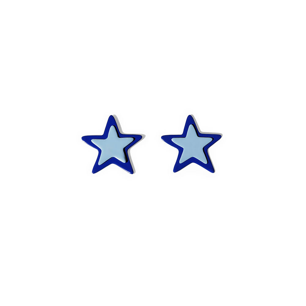 Pair of navy blue star-shaped stud earrings with light blue centers, displayed on a white background.