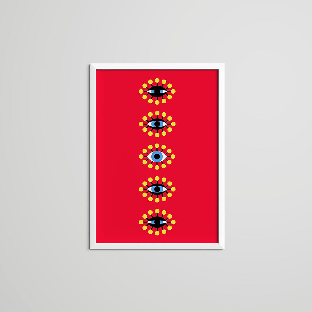 A bold red art print featuring five stylized eye motifs arranged vertically, inspired by the protective "nazar" symbol. Each eye is surrounded by a circular yellow pattern, creating a striking and symbolic geometric design.

