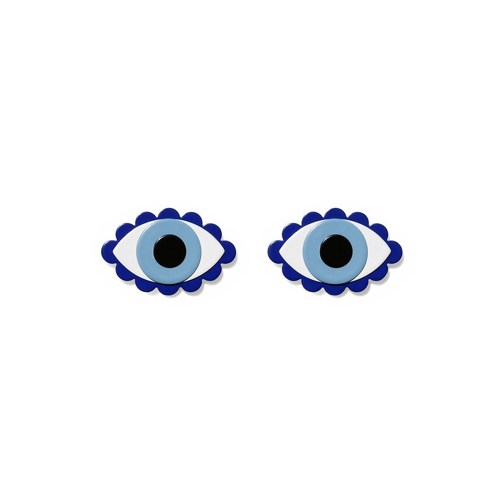 Pair of evil eye earrings in blue, white and black with scalloped navy borders, displayed on a white background.

