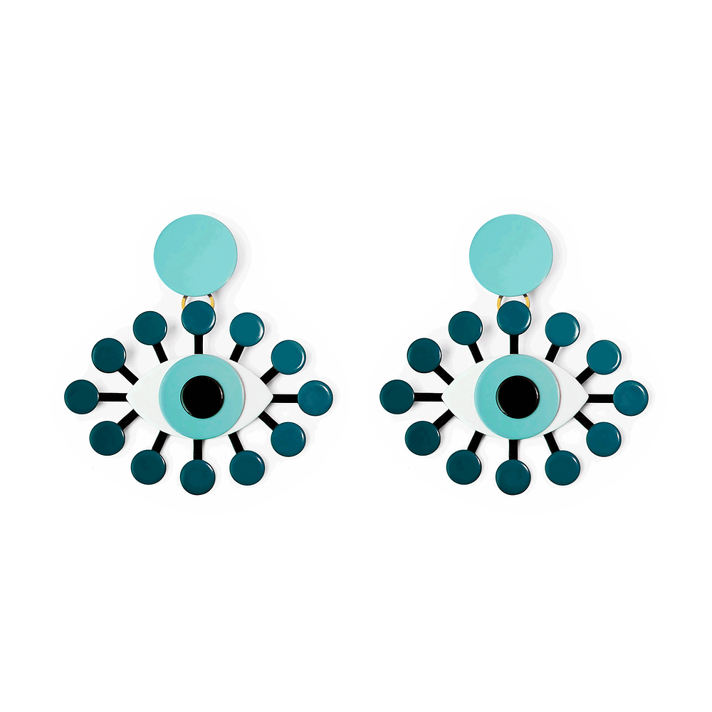 Pair of Nazar statement earrings in turquoise and deep teal, featuring a bold evil eye motif, displayed on a white background.

