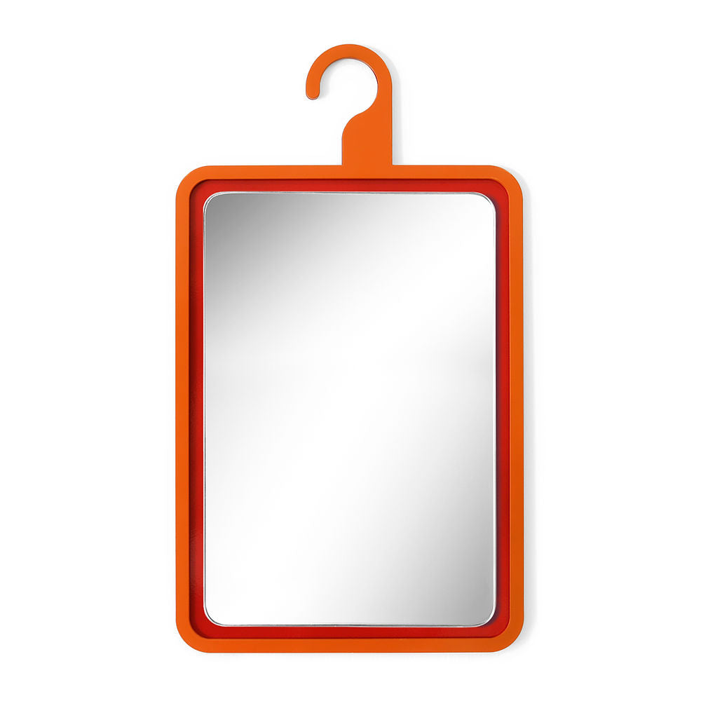 Orange rectangular mirror with bold red interior edge and hook-shaped top, made from powder coated metal and mirror glass by ISUWA

