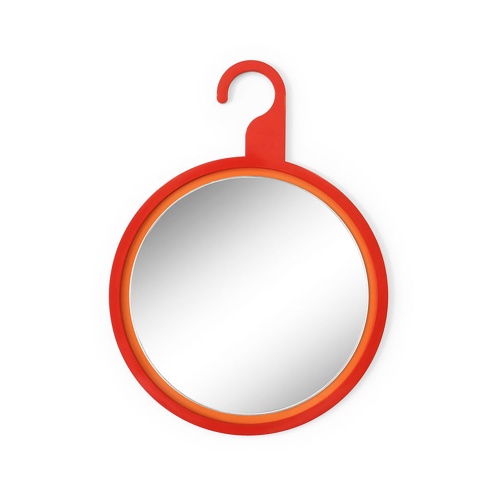 Small round mirror with vibrant red powder-coated frame and hook-shaped top, handmade by ISUWA
