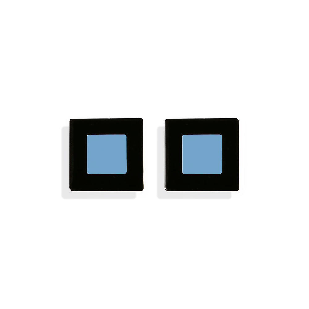 Square earrings with a light blue center framed in matte black, designed by ISUWA and photographed on a white background.
