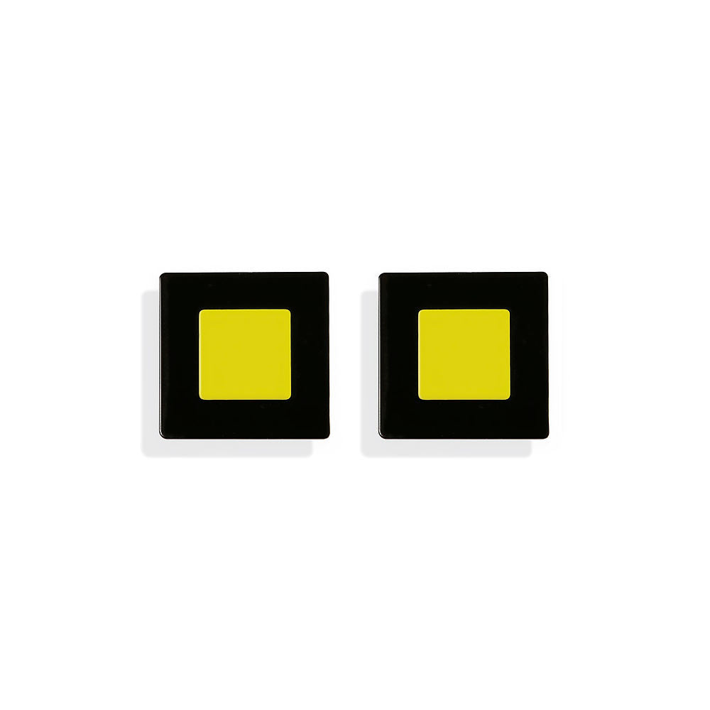 Square-shaped earrings with a yellow center framed in black, designed by ISUWA and photographed on a white background.
