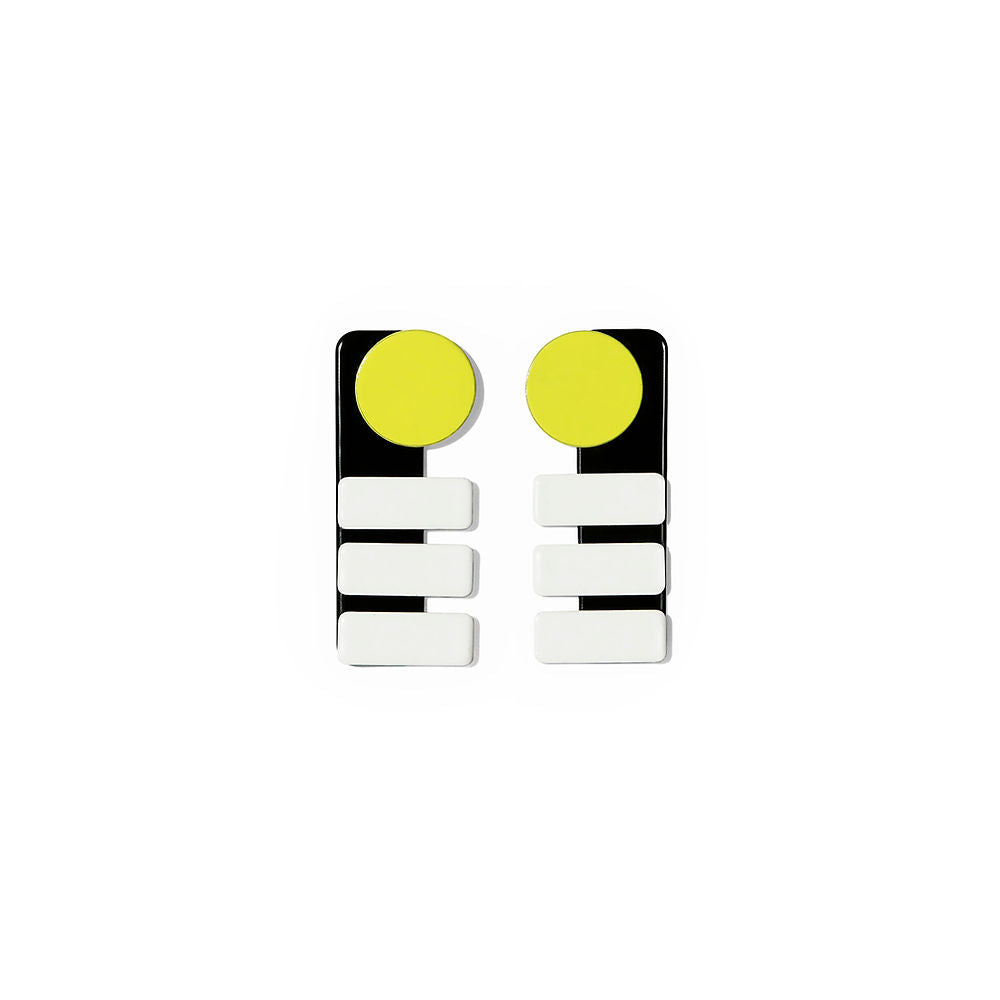 A pair of rectangular earrings with a bold geometric design. Each earring features a large yellow circle at the top, a black vertical base, and three horizontal white bars stacked below. Modern, high-contrast design photographed on a white background.
