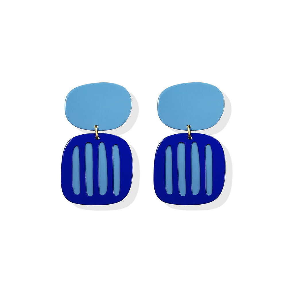 Pair of blue striped earrings with vertical cut-out details and smooth rounded tops, displayed on a white background.