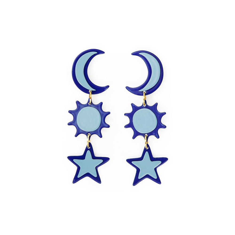 Pair of navy blue earrings featuring crescent moons, suns, and stars in a whimsical stacked design, displayed on a white background.