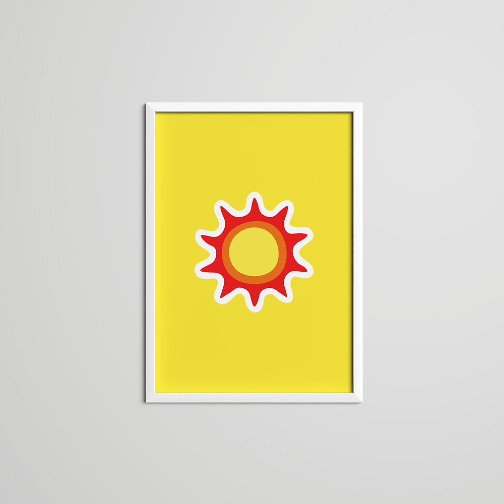 A yellow art print featuring a bold red sun with sculptural rays on a vibrant yellow background – a graphic and uplifting design.
