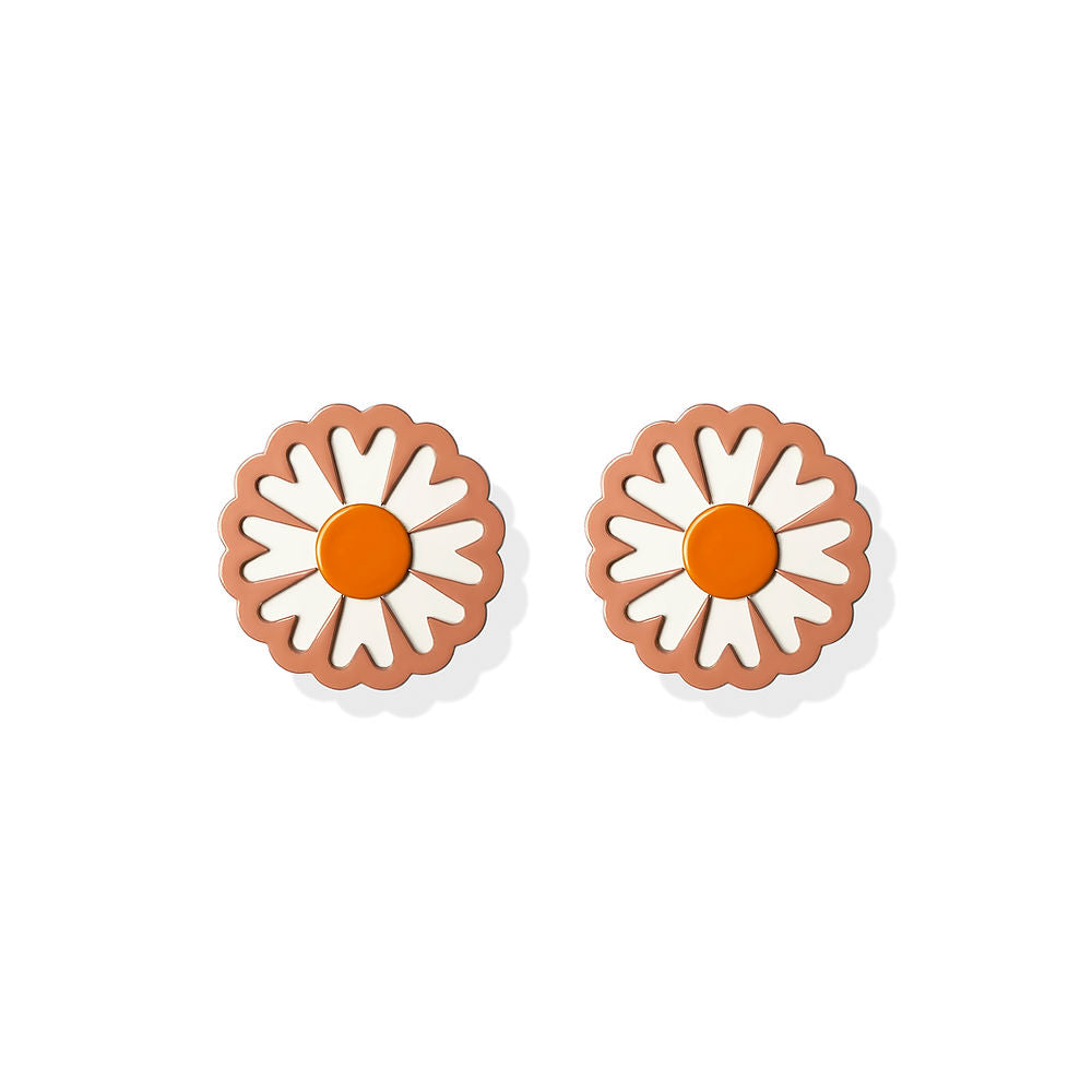 Sunflower-shaped earrings with peach scalloped edges, white petals and an orange center, designed by ISUWA and photographed on a white background.
