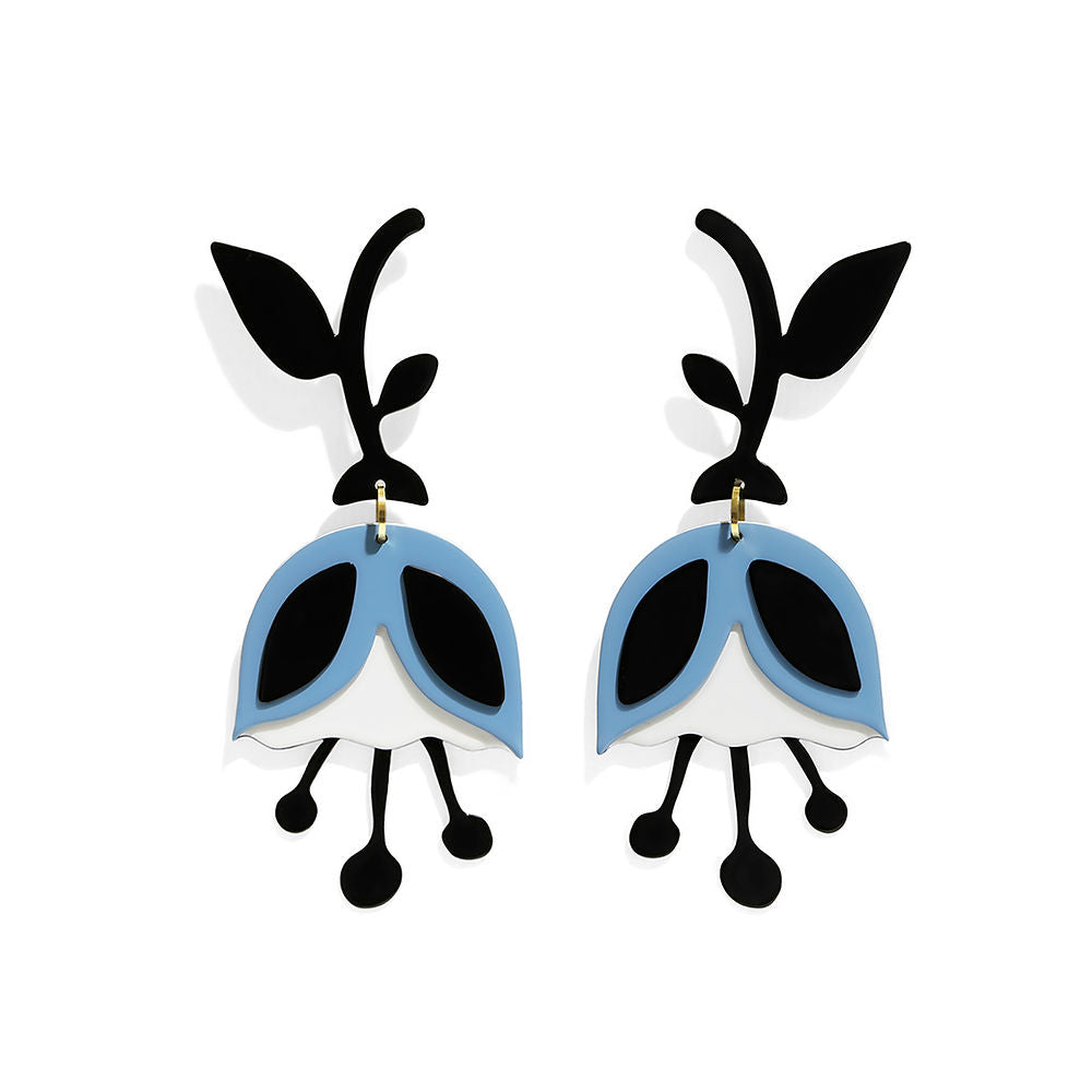 Bold tulip-shaped earrings in blue and black with sculptural stems, displayed on a white background
