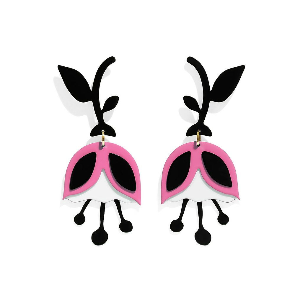 Pair of pink tulip-shaped statement earrings with black leaf stems and droplet-like elements, displayed on white background.
