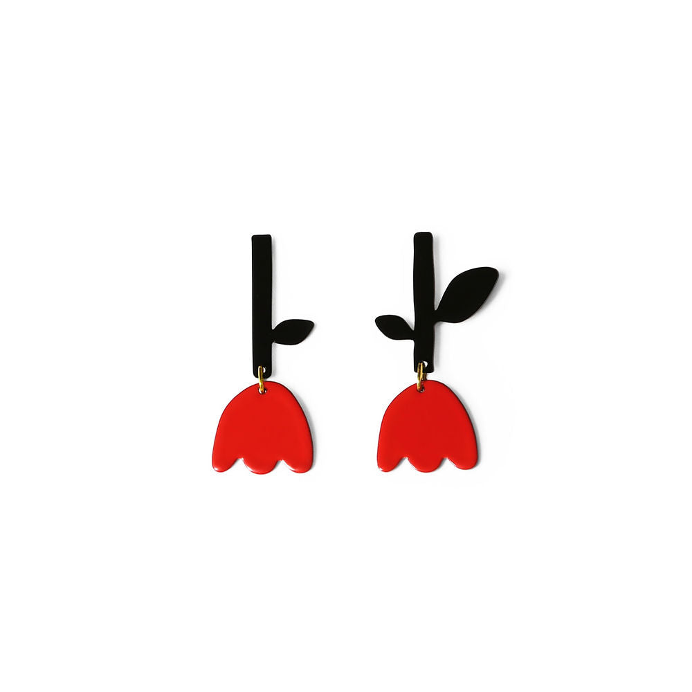 Pair of small red tulip-shaped earrings with black stems and leaves, displayed on a white background.