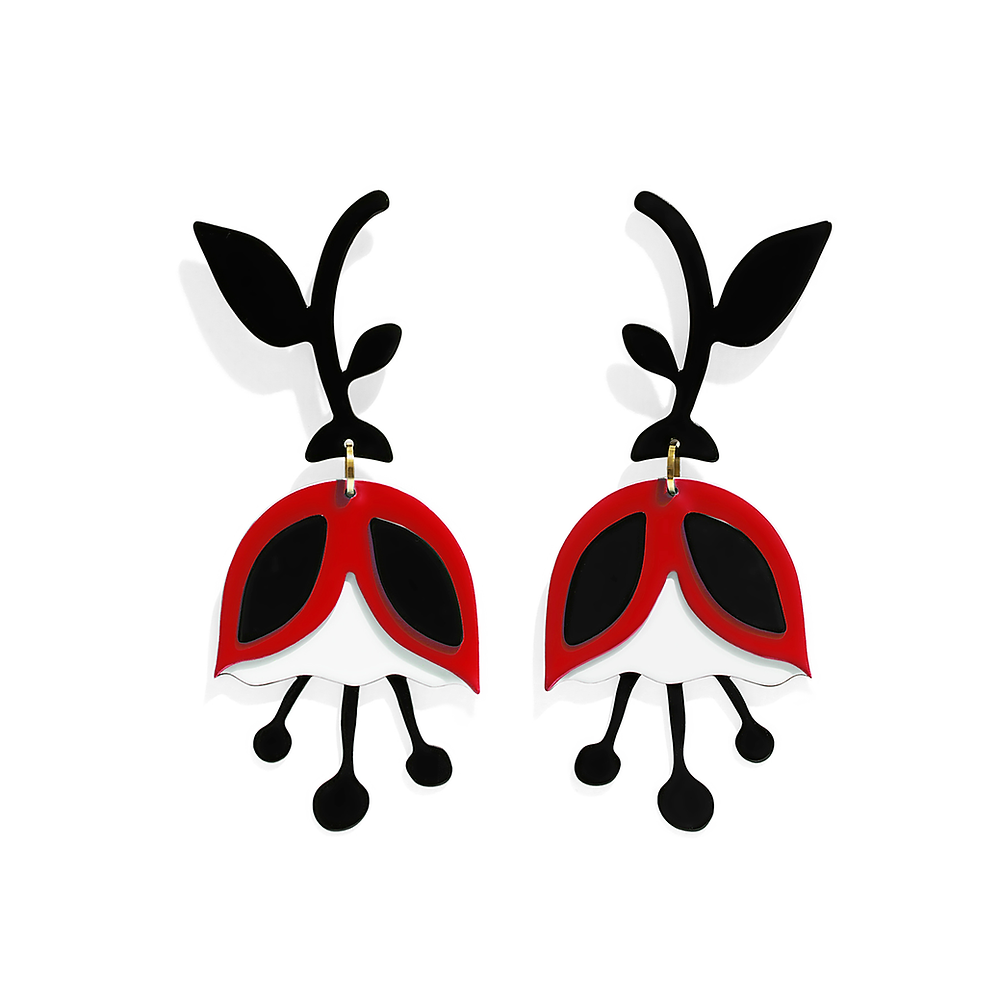 Pair of red tulip-shaped earrings with black leaves and sculptural petal details, displayed on a white background.