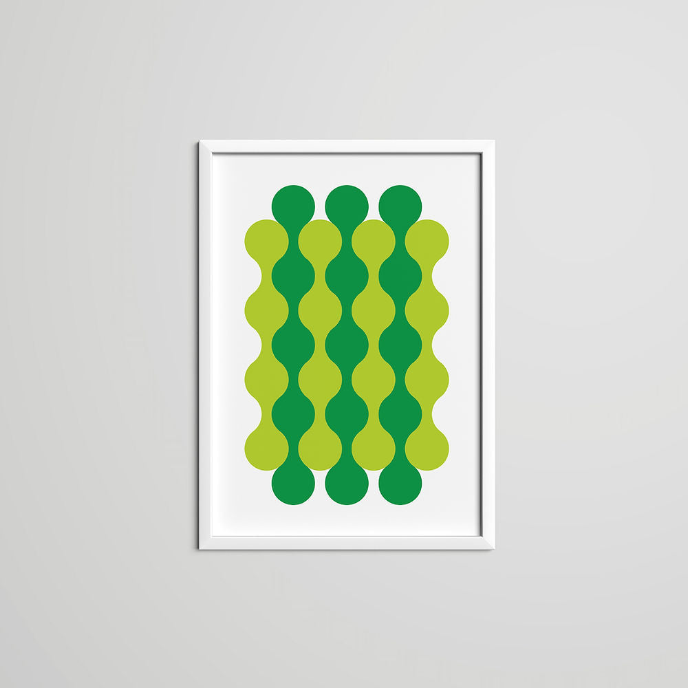 Geometric art print featuring wavy green shapes in a modern, minimalist white frame – ISUWA’s Waves Art Print in green.
