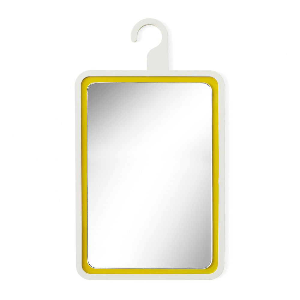 White rectangular mirror with yellow inner edge and sculptural hook-shaped top, handmade from powder coated metal and mirror glass by ISUWA
