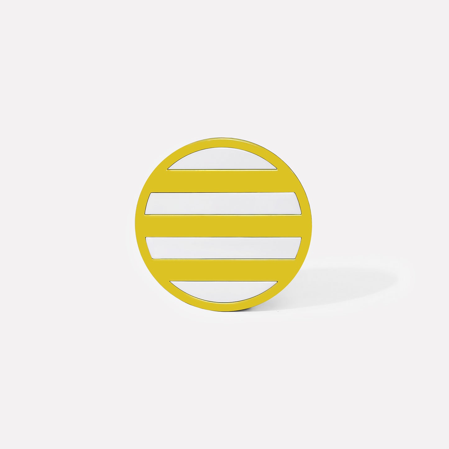 Glossy yellow round metal coaster with four horizontal white stripes – handcrafted by ISUWA for bold and joyful table styling