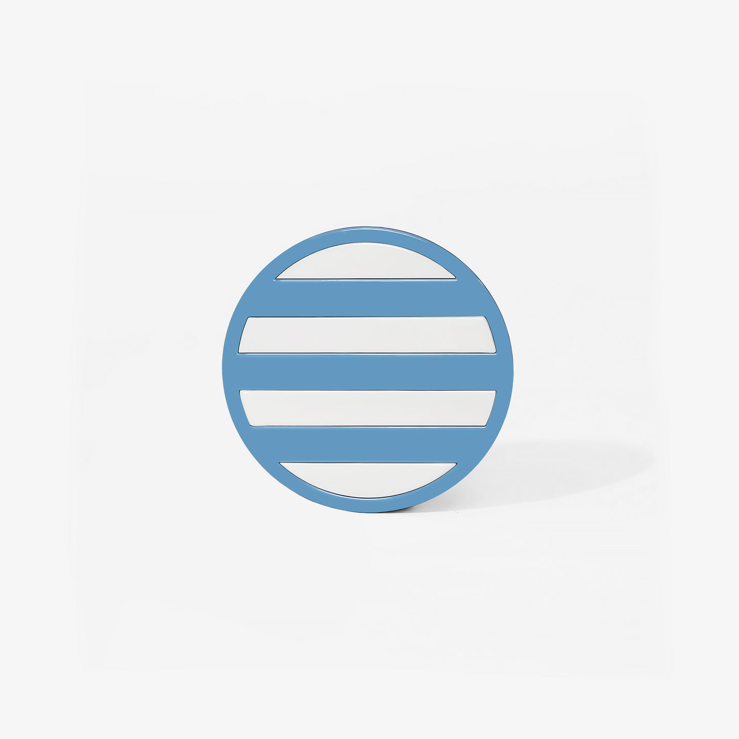 Glossy blue round metal coaster with four horizontal white stripes – handcrafted by ISUWA for calm and modern table styling