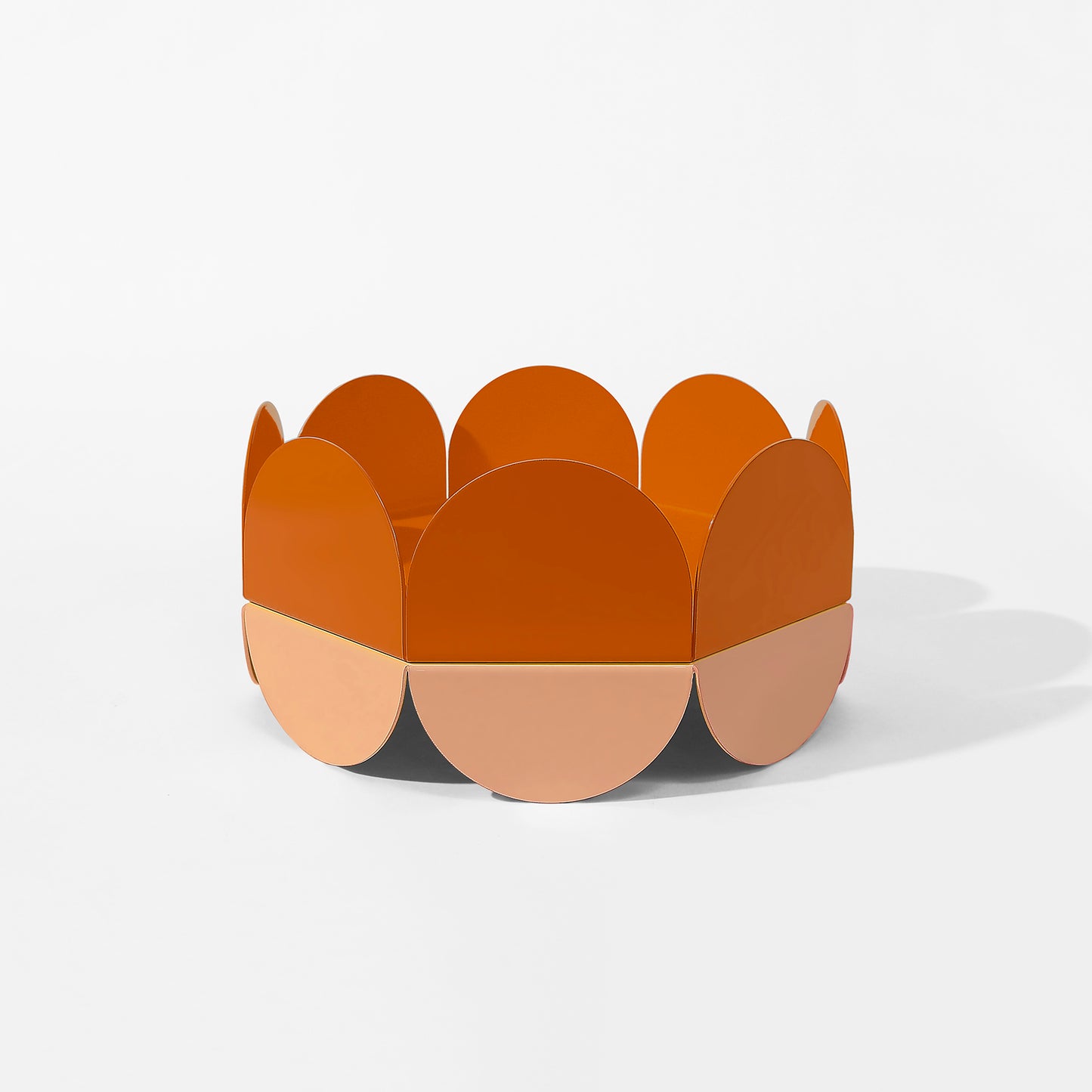 ISUWA Orange Wave Bowl – large glossy fruit bowl with curved orange and peach panels in wave pattern on white background

